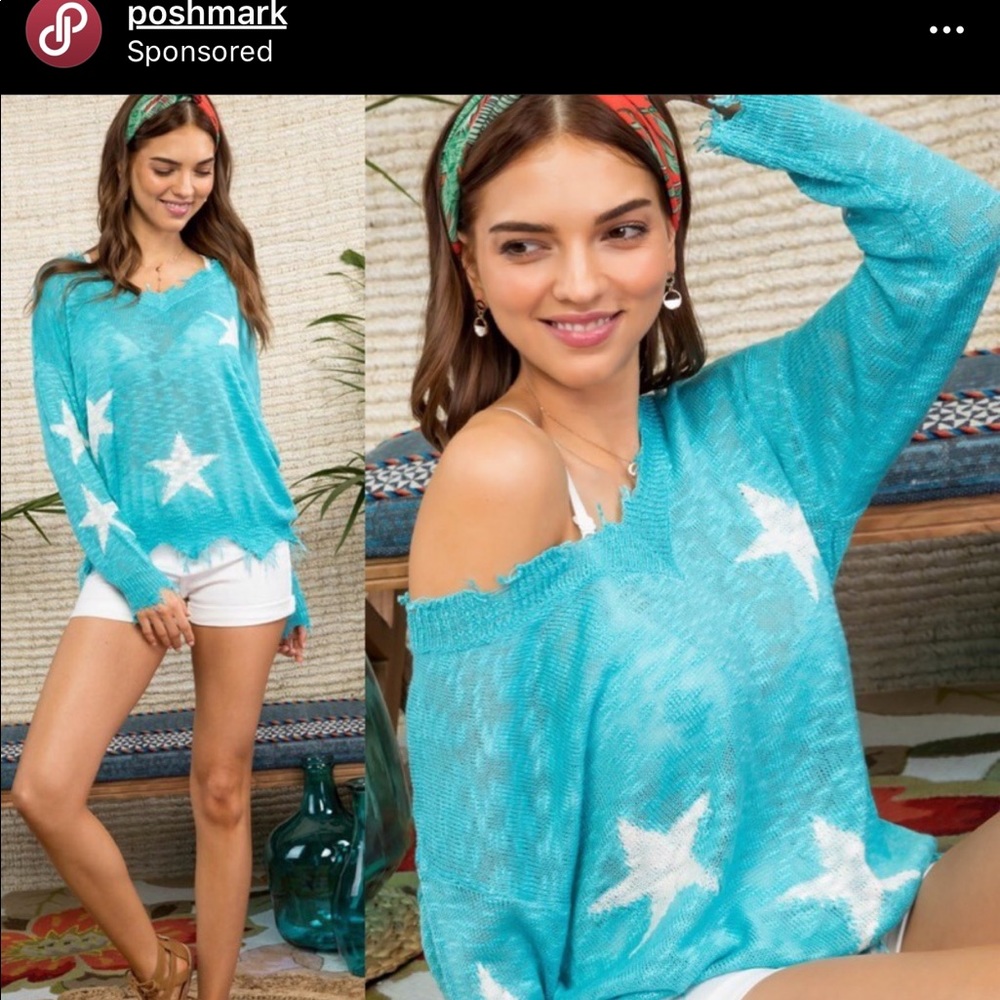 LAST1❗️SARAH Frayed Star Printed  Sheer Sweater